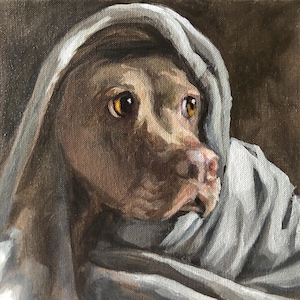 May include: Oil painting of a dog with brown fur and amber eyes, wrapped in a light gray cloth. The dog is looking to the side, with a focused expression. The background is a dark brown.