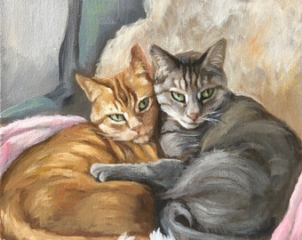 Oil painting of your two cats, ready to hang. Custom hand crafted art on canvas as a memorial for animal besties, or a gift to a cat lover