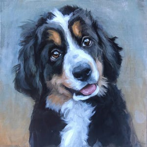 May include: Oil painting of a Bernese Mountain Dog puppy. The dog has black, white, and brown fur, with a white blaze on its face and a pink tongue. The puppy is looking at the viewer with a slight smile.