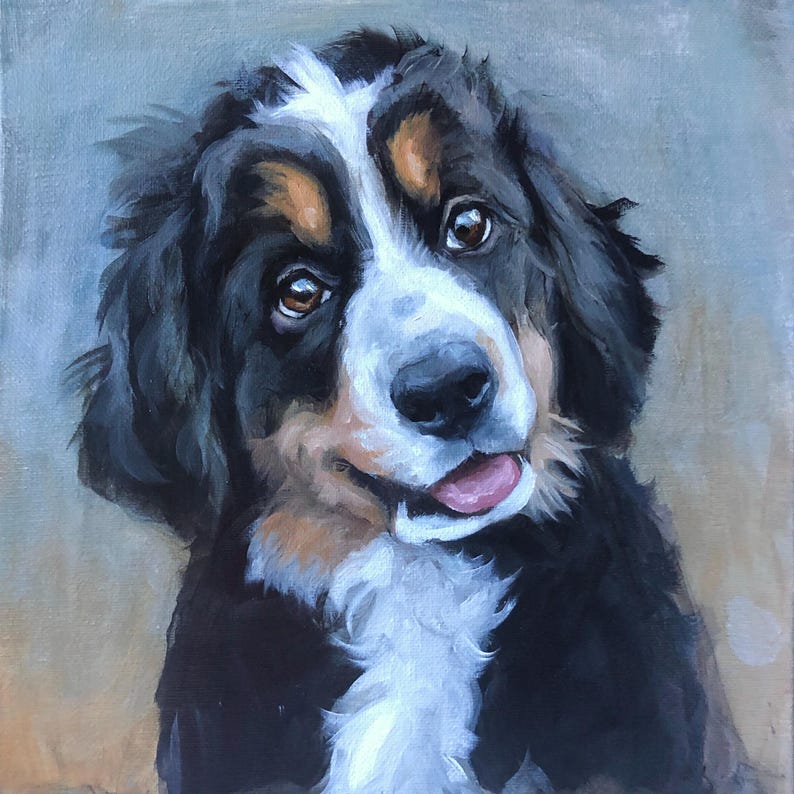 May include: Oil painting of a Bernese Mountain Dog puppy. The dog has black, white, and brown fur, with a white blaze on its face and a pink tongue. The puppy is looking at the viewer with a slight smile.
