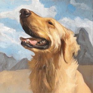 May include: Oil painting of a golden retriever dog with its mouth open, looking up. The dog's fur is a warm, golden color. The background features a blue sky with white clouds and a hint of mountains.