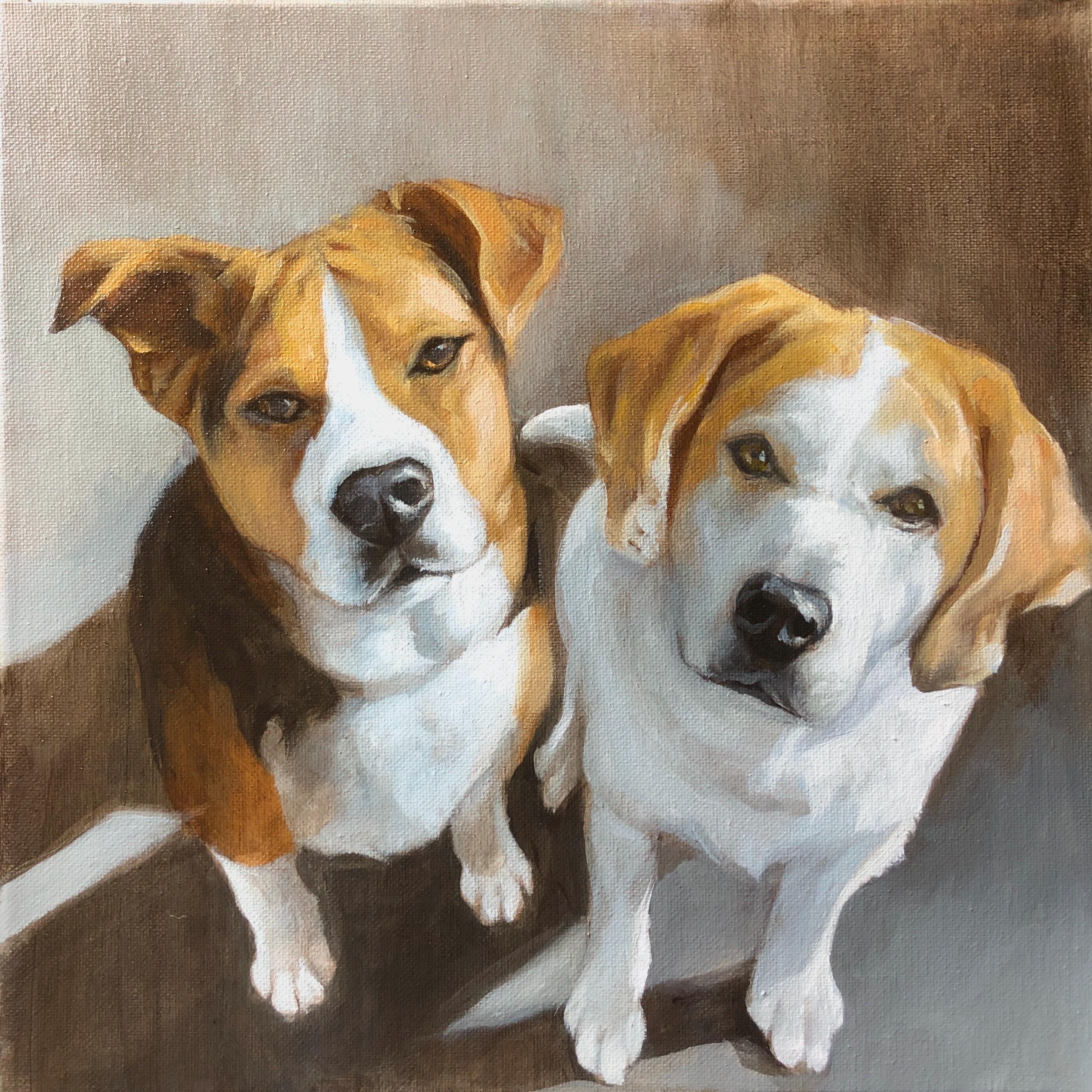2匹の犬を描いたカスタム手作り油絵、キャンバスに描かれたペットの