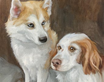 2匹の犬を描いたカスタム手作り油絵、キャンバスに描かれたペットの