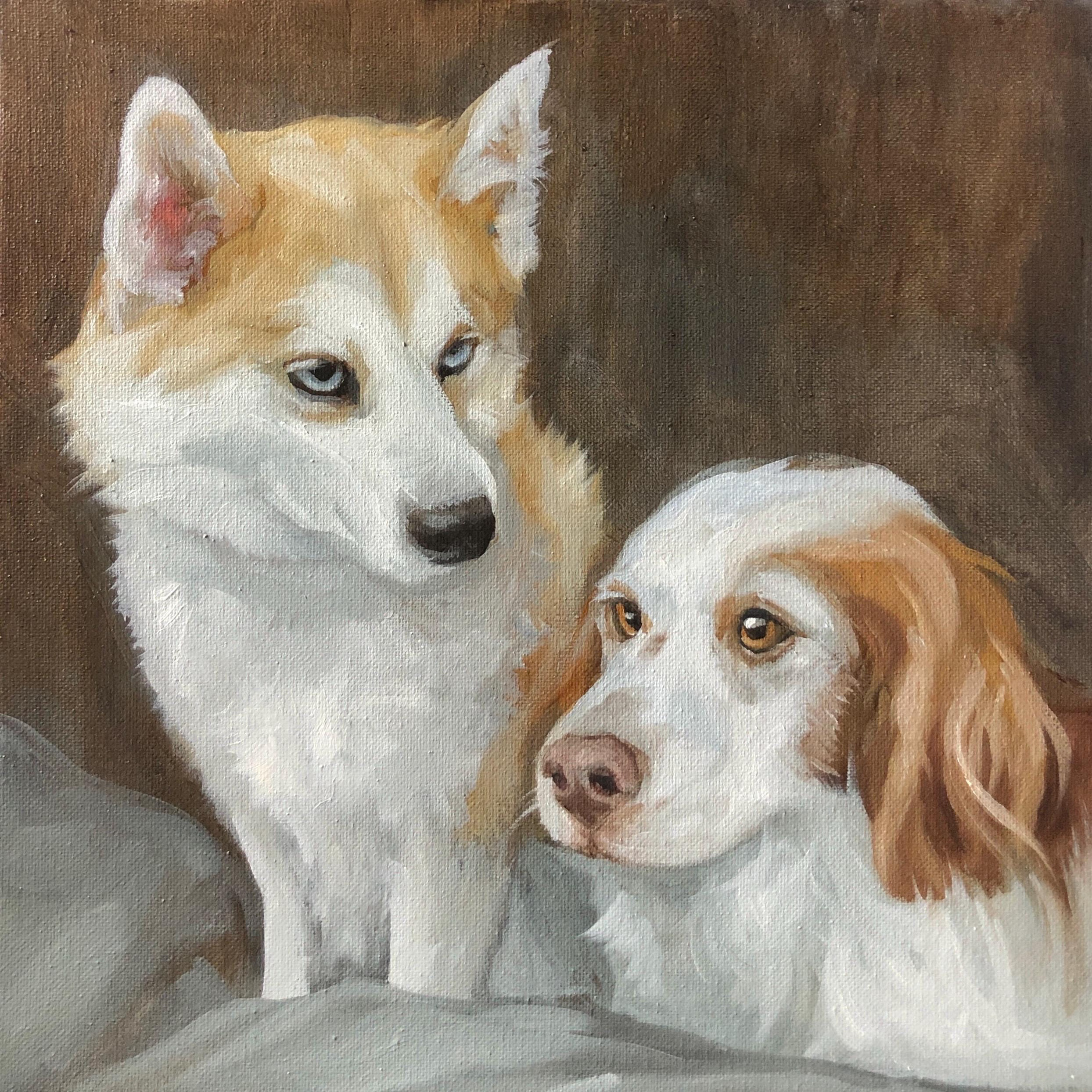 2匹の犬を描いたカスタム手作り油絵、キャンバスに描かれたペットの