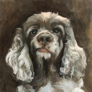 May include: Oil painting of a Cocker Spaniel dog with a brown and white coat. The dog has long, curly ears and a gentle expression. The background is a warm brown color.