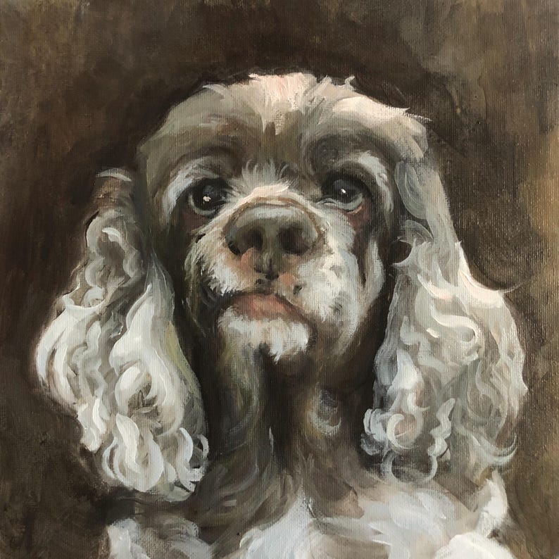 May include: Oil painting of a Cocker Spaniel dog with a brown and white coat. The dog has long, curly ears and a gentle expression. The background is a warm brown color.