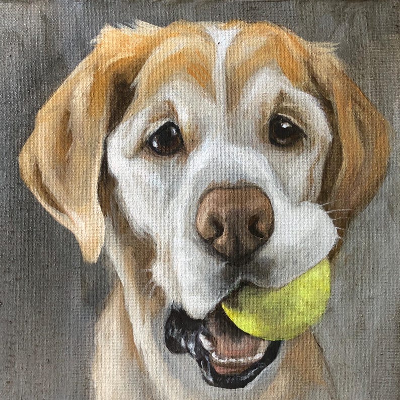 May include: A close-up painting of a dog with a yellow tennis ball in its mouth. The dog has a white and tan coat, brown eyes, and a black nose. The background is a solid gray.