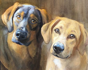 2匹の犬を描いたカスタム手作り油絵、キャンバスに描かれたペットの