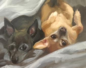 Oil painting of your two dogs, ready to hang. Custom hand crafted art on canvas as a memorial for animal besties, or a gift to a dog lover