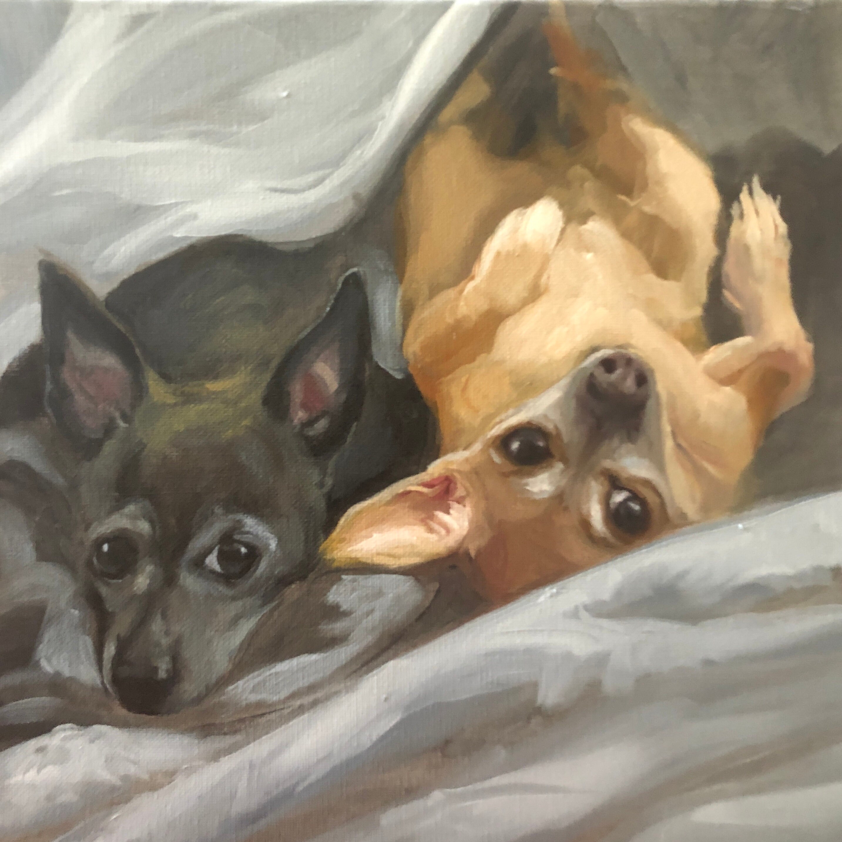 2匹の犬を描いたカスタム手作り油絵、キャンバスに描かれたペットの