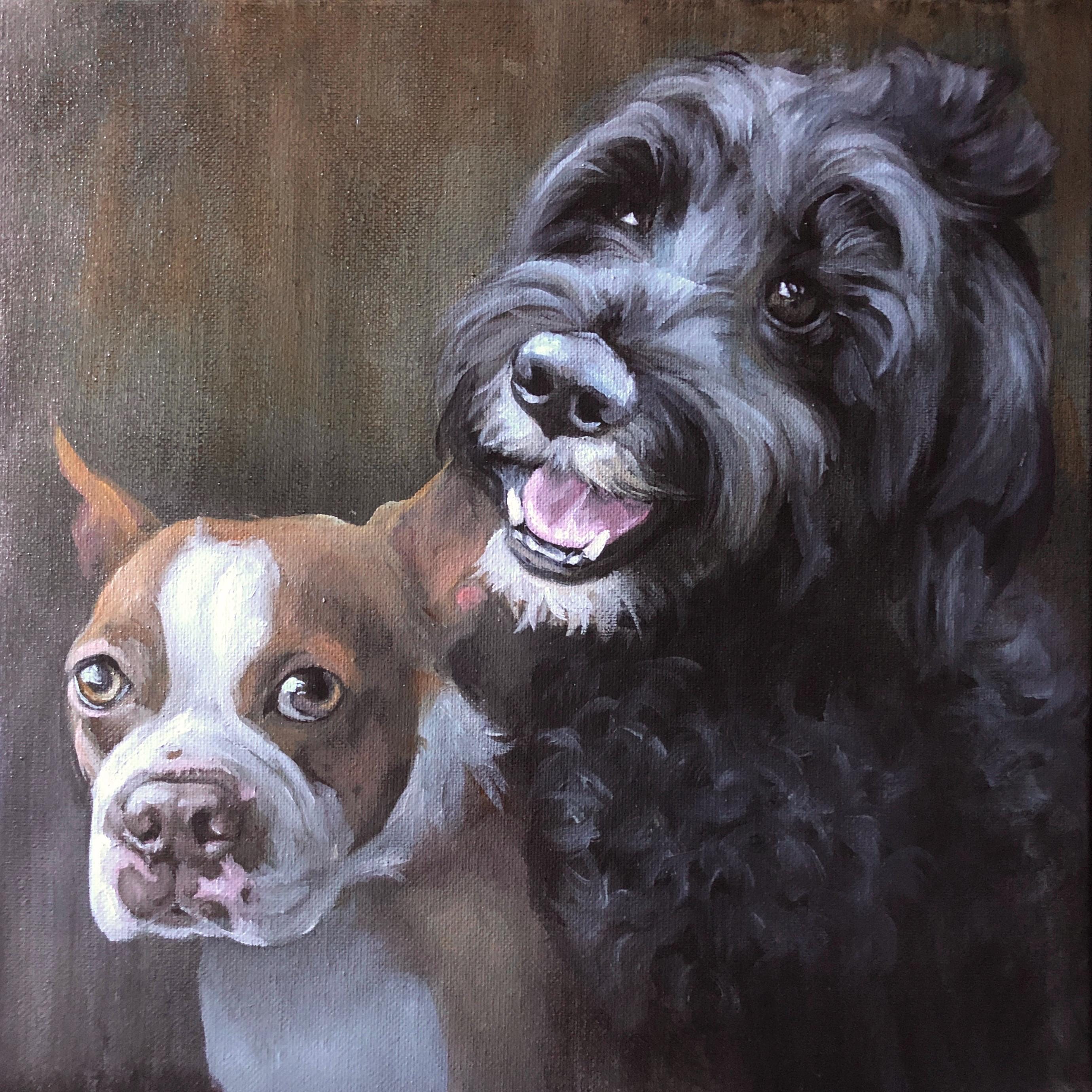 2匹の犬を描いたカスタム手作り油絵、キャンバスに描かれたペットの