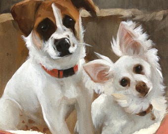 2匹の犬を描いたカスタム手作り油絵、キャンバスに描かれたペットの