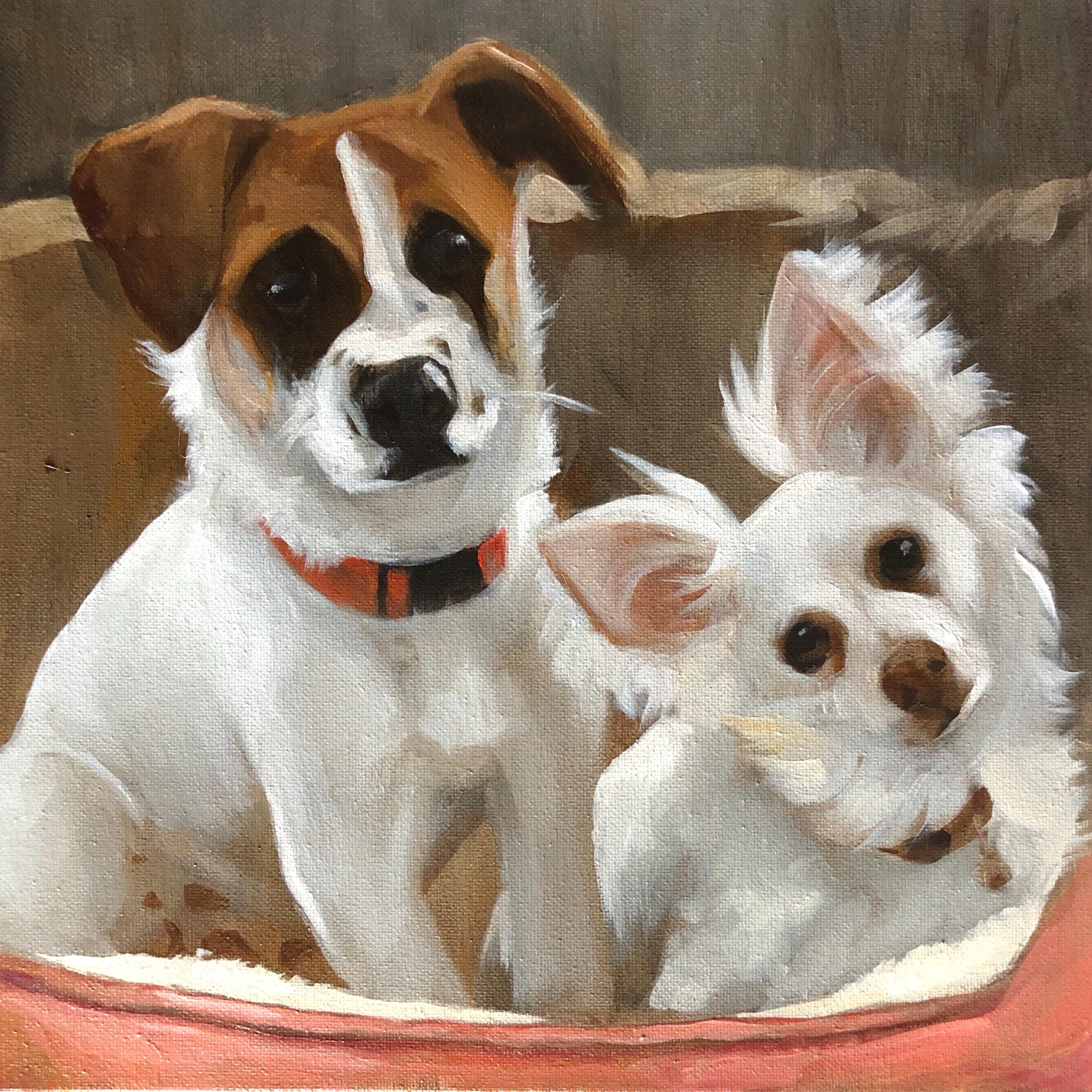2匹の犬を描いたカスタム手作り油絵、キャンバスに描かれたペットの