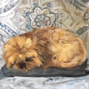 May include: An oil painting of a curled-up, fluffy, golden-brown dog resting on a gray pillow. The background features a patterned fabric with blue and white floral designs, creating a cozy and artistic scene.