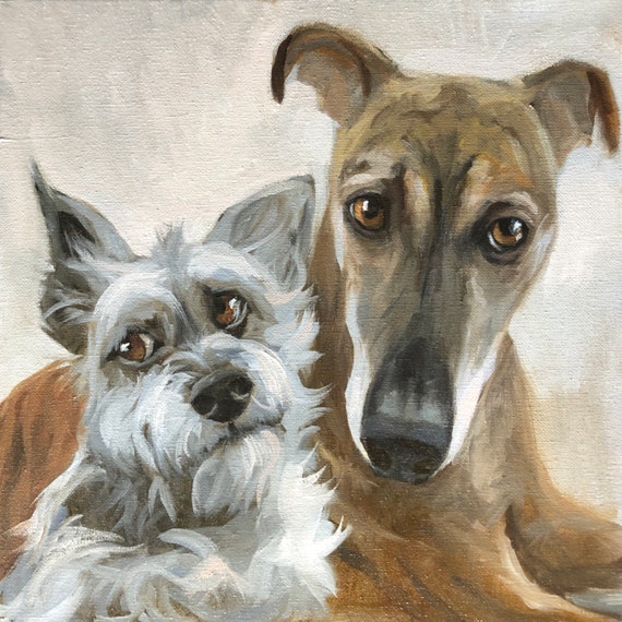 2匹の犬を描いたカスタム手作り油絵、キャンバスに描かれたペットの