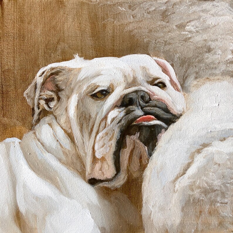May include: Oil painting of a white English bulldog with a wrinkled face and a pink tongue sticking out. The dog is partially obscured by a white form, possibly another dog or a blanket, against a brown background.