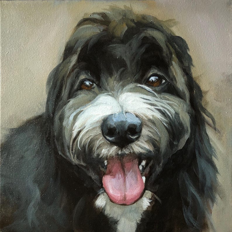 May include: A close-up oil painting of a black and white dog with brown eyes and a pink tongue. The dog has long, shaggy fur and a friendly expression. The background is a neutral beige color.