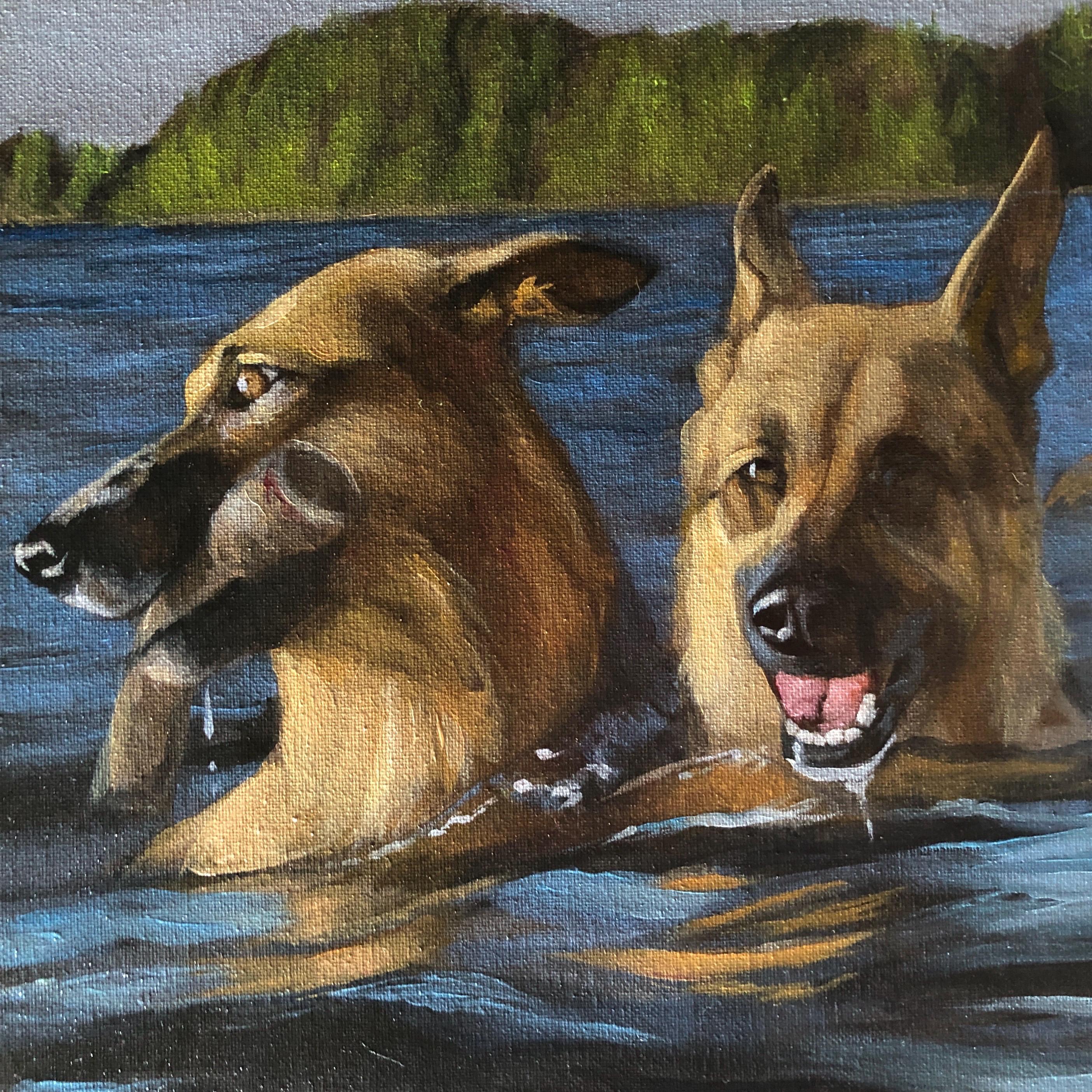 2匹の犬を描いたカスタム手作り油絵、キャンバスに描かれたペットの