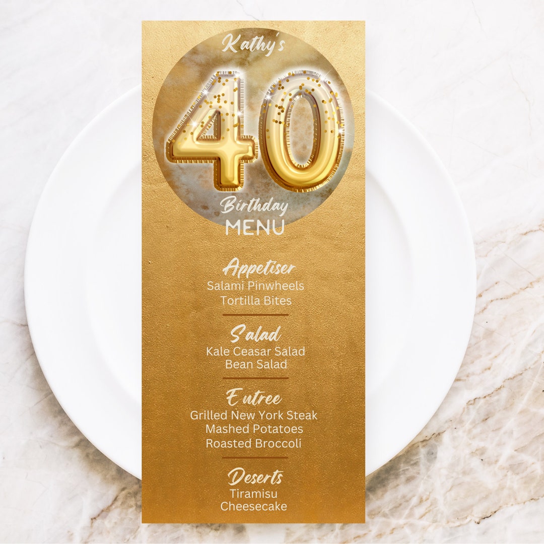 Gold 40th Birthday Menu Slim Party Menu Table Decor - Etsy