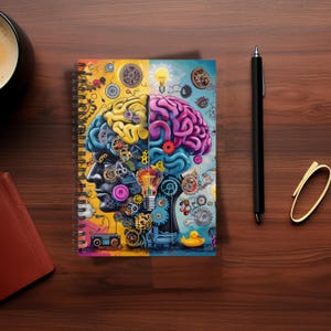 May include: A spiral bound notebook with a colourful design featuring two brains connected by a light bulb. The brains are made up of gears and other mechanical elements. The notebook has a yellow and blue background.