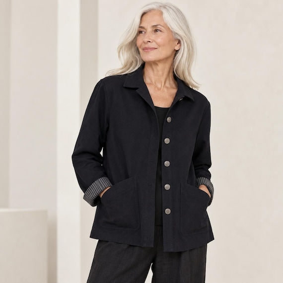 Eileen Fisher, Eileen Fisher Chore Jacket S Black Lyocell Cotton Vintage USA Barn Workwear Fall