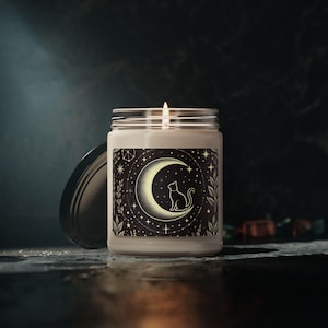 Mystical Moon Cat Soy Candle, Halloween Home Decor with Witchy Vibe, Eco-Friendly Soy Wax, 9 Unique Scents, Reusable Glass Jar, Cat Candle