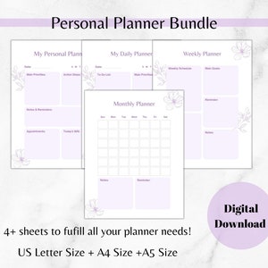 Personal Daily, Weekly, and Monthly Planner, Self Care Worksheet Planner Printable, Digital Downloads Daily Planner Weekly Planner