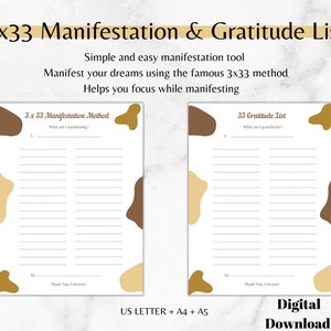 May include: Two white printable pages with the text "3x33 Manifestation & Gratitude List". The pages have lined sections for writing and decorative brown and tan shapes. The text includes "Manifest your dreams" and "Digital Download".