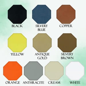 K&ouml;nnte beinhalten: Neun achteckige Farbfelder mit Farbbezeichnungen. Die Farben sind Schwarz, Silberschwarz, Kupfer, Gelb, Antikgold, Silberbraun, Orange, Anthrazit, Creme und Wei&szlig;. Der Hintergrund ist in einem weichen Aquarellstil gehalten.