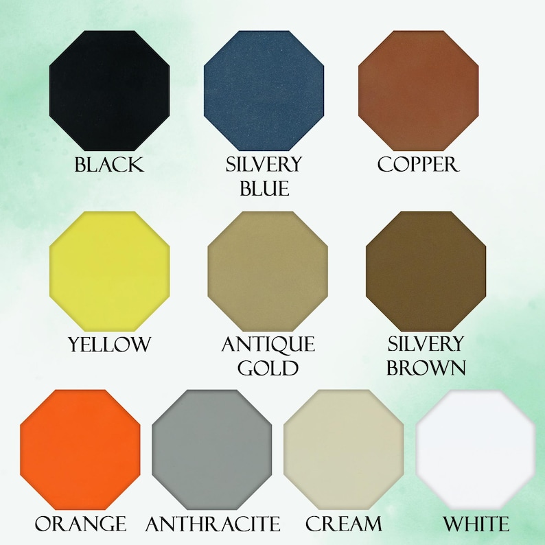 K&ouml;nnte beinhalten: Neun achteckige Farbfelder mit Farbbezeichnungen. Die Farben sind Schwarz, Silberschwarz, Kupfer, Gelb, Antikgold, Silberbraun, Orange, Anthrazit, Creme und Wei&szlig;. Der Hintergrund ist in einem weichen Aquarellstil gehalten.