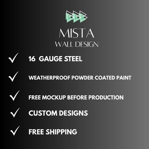 K&ouml;nnte beinhalten: Schwarz-graue Grafik mit dem Text "MISTA WALL DESIGN". Der Text hebt Merkmale wie 16 Gauge Stahl, wetterfeste pulverbeschichtete Farbe und kundenspezifische Designs hervor.