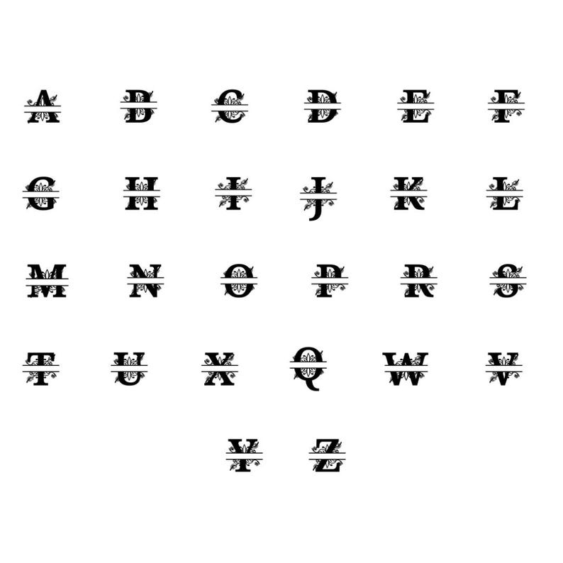 Peut inclure: Ensemble de lettres monogrammes noires, chacune orn&eacute;e d'un &eacute;l&eacute;ment floral d&eacute;coratif. Les lettres sont divis&eacute;es horizontalement, cr&eacute;ant un design unique pour la personnalisation ou les projets d'artisanat. Sur fond blanc.