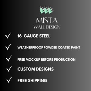 Peut inclure: Graphique noir et gris avec le texte "MISTA WALL DESIGN". L'image met en &eacute;vidence les caract&eacute;ristiques, notamment l'acier de calibre 16, la peinture en poudre r&eacute;sistante aux intemp&eacute;ries et les conceptions personnalis&eacute;es.