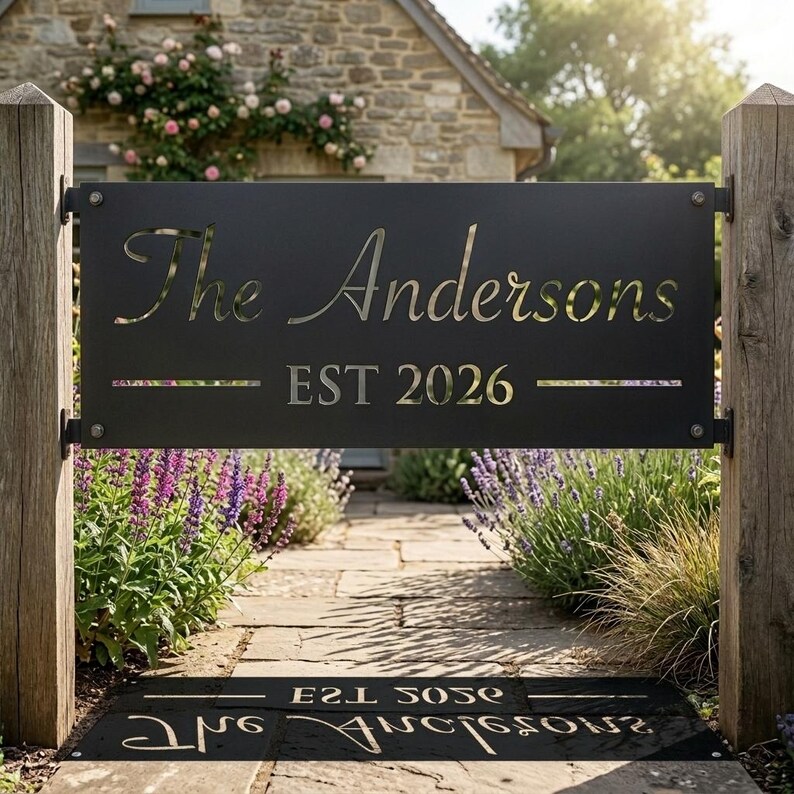 May include: A rectangular black metal sign mounted between two wooden posts. The sign features laser-cut text that reads "The Andersons" in a script font above the text "EST 2026" in a block font, with horizontal lines flanking the date.