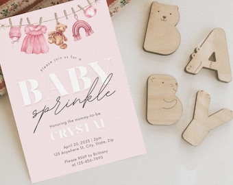 Blush Pink Baby Sprinkle Invitation Girl, Editable Girl Baby Sprinkle Minimal Invitation Template DOWNLOAD, Girl Baby Sprinkle Invitation