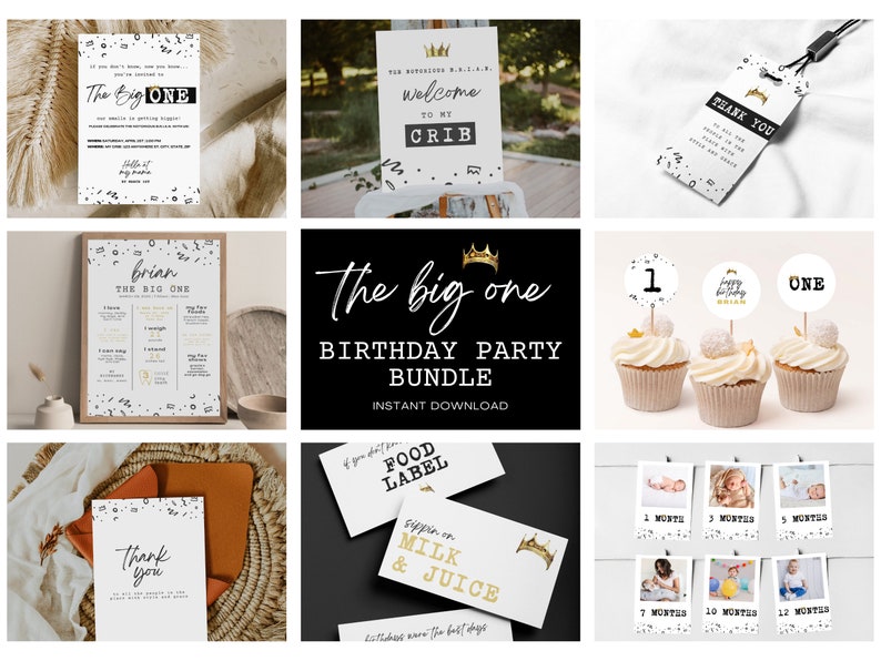 K&ouml;nnte beinhalten: Ein druckbares Party-Paket f&uuml;r einen ersten Geburtstag in Schwarz und Gold. Das Paket beinhaltet ein Willkommens-Schild, Lebensmitteletiketten, Cupcake-Topper, ein Dankesch&ouml;n-Schild und ein druckbares Poster mit dem Text "The Big One Birthday Party Bundle".