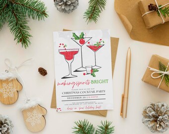 Making Spirits Bright Invitation, Christmas Party Invitation, Holiday Cocktail Party Invitation Template, Printable Modern Christmas Drinks