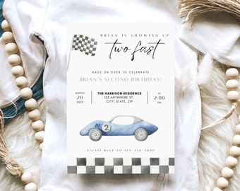 Dos invitaciones de cumpleaños rápidas, cumpleaños del coche de carreras, plantilla de invitación de segundo cumpleaños del coche de carreras, dos descargas rápidas de plantillas de invitación, coches de carreras