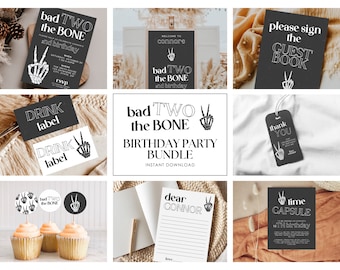 Skeleton Birthday Invitations Bundle, Editable Halloween 2nd Birthday Decor, Bad 2 The Bone Invitation, Bad 2 The Bone Decor, Welcome Sign