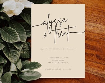 May include: A beige wedding invitation with black calligraphy that reads "alyssa & trent". The invitation includes the date, time, location, and the phrase "Invite you to celebrate our marriage!"