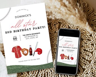Boys Baseball Invitation, 2nd Birthday Baseball Invite, 2nd Birthday Party Baseball Printable Invites, DIY Baseball Birthday Invitation