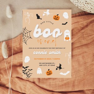 Primera invitación de cumpleaños Halloween, invitaciones de cumpleaños de esqueleto, invitación de cumpleaños de Halloween editable, 1er cumpleaños niño impresión bajo demanda