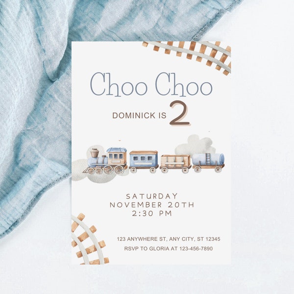 2nd Birthday Invitation Boy, 2nd Birthday Invitation Printable Boy, Choo Choo I'm 2 Invitation, Train Birthday Party Editable Invite