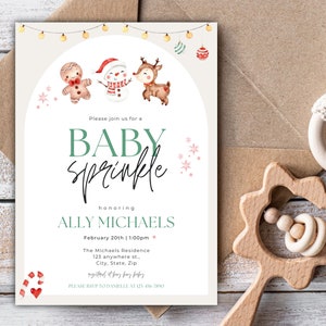 Modèle d'invitation à saupoudrer de saupoudrer de bébé hiver, saupoudrer de Noël pour bébé, carte tombola de couches, carte de remerciement saupoudrer de saupoudrer de bébé, invitation de saupoudrer de bébé