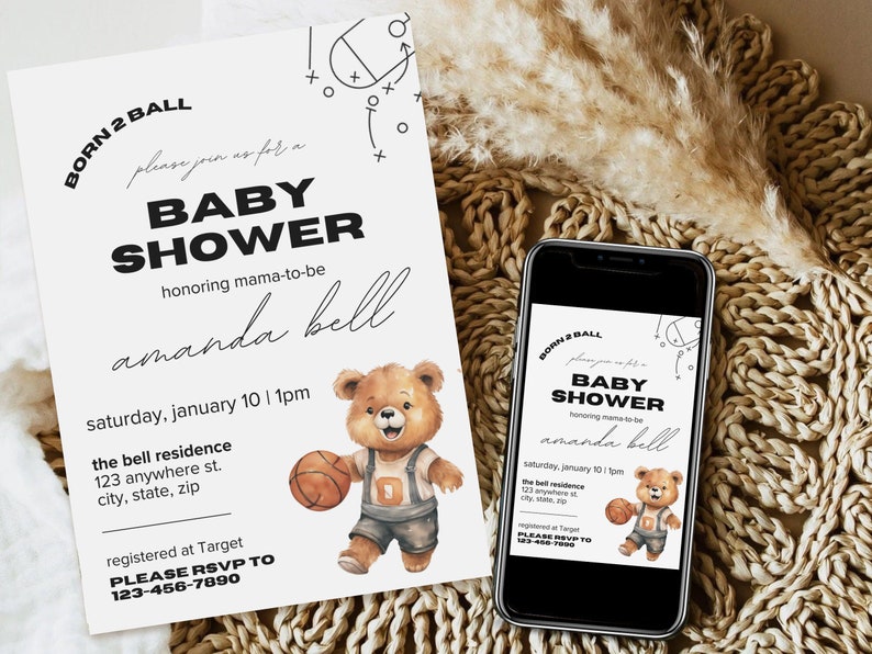 Born 2 Ball Baby Shower Evite, Basketball Baby Sprinkle Invitation, Boy