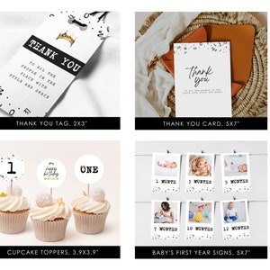 K&ouml;nnte beinhalten: Ein Set mit druckbaren Partydekorationen f&uuml;r eine erste Geburtstagsfeier. Das Set beinhaltet ein Dankesch&ouml;n-Etikett, eine Dankeskarte, Cupcake-Topper und Schilder f&uuml;r das erste Lebensjahr des Babys. Die Dekorationen haben ein schwarz-wei&szlig;es Konfetti-Muster mit goldenen Akzenten.