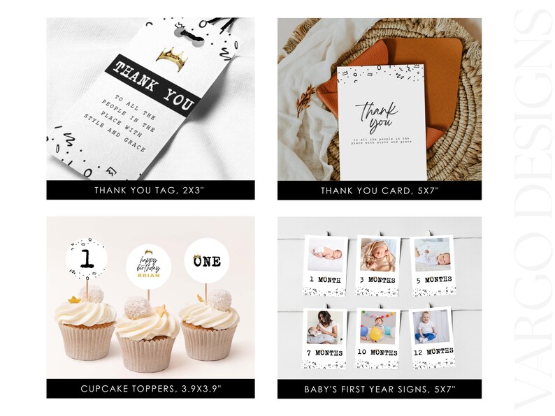 K&ouml;nnte beinhalten: Ein Set mit druckbaren Partydekorationen f&uuml;r eine erste Geburtstagsfeier. Das Set beinhaltet ein Dankesch&ouml;n-Etikett, eine Dankeskarte, Cupcake-Topper und Schilder f&uuml;r das erste Lebensjahr des Babys. Die Dekorationen haben ein schwarz-wei&szlig;es Konfetti-Muster mit goldenen Akzenten.