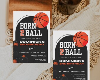 May include: A basketball-themed birthday invitation with a black and orange color scheme. The invitation features a basketball with a watercolor effect and the text "Born 2 Ball" in white. The invitation is for Dominick's 2nd birthday and includes the date, time, and location of the party.
