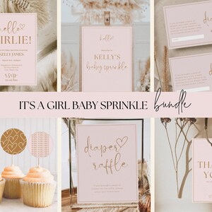 Girl Baby Sprinkle Bundle, Editable Girl Baby Sprinkle Minimal Invitation, Blush Pink Baby Sprinkle Invite, Baby Sprinkle Decor Sign