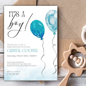 It&#39;s A Baby Boy Sprinkle, Baby Sprinkle Invite, Sprinkle Invitation, Blue Baby Sprinkle, Boy Baby Sprinkle, Balloons Sprinkle Invite Boy